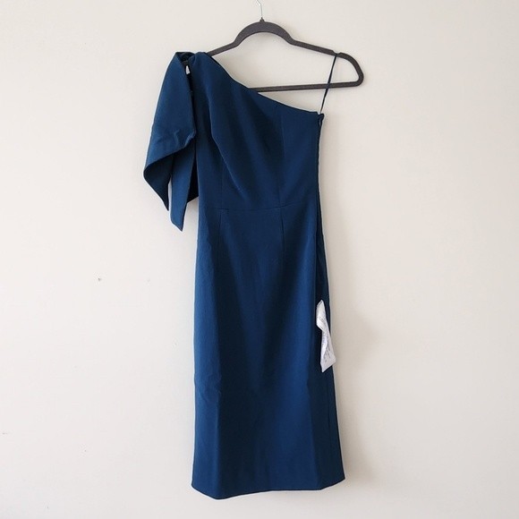 Dress the Population Tiffany One Shoulder Midi Sheath Dress Peacock Blue XXS NWT - Picture 5 of 9